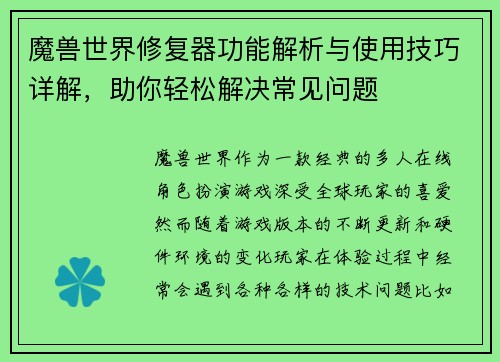 魔兽世界修复器功能解析与使用技巧详解，助你轻松解决常见问题